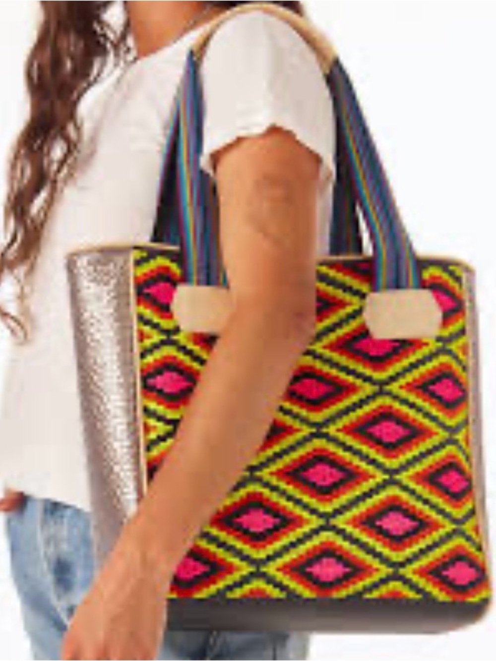 Consuela Colorful Geometric Pattern Tote Bag - Pink & Yellow